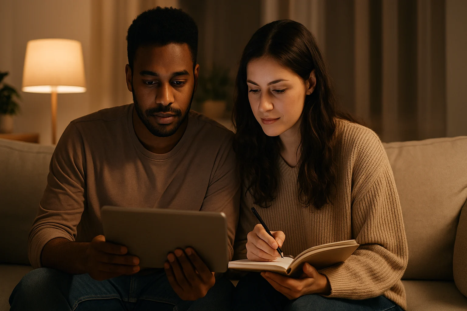 Couple using communication workbook at home