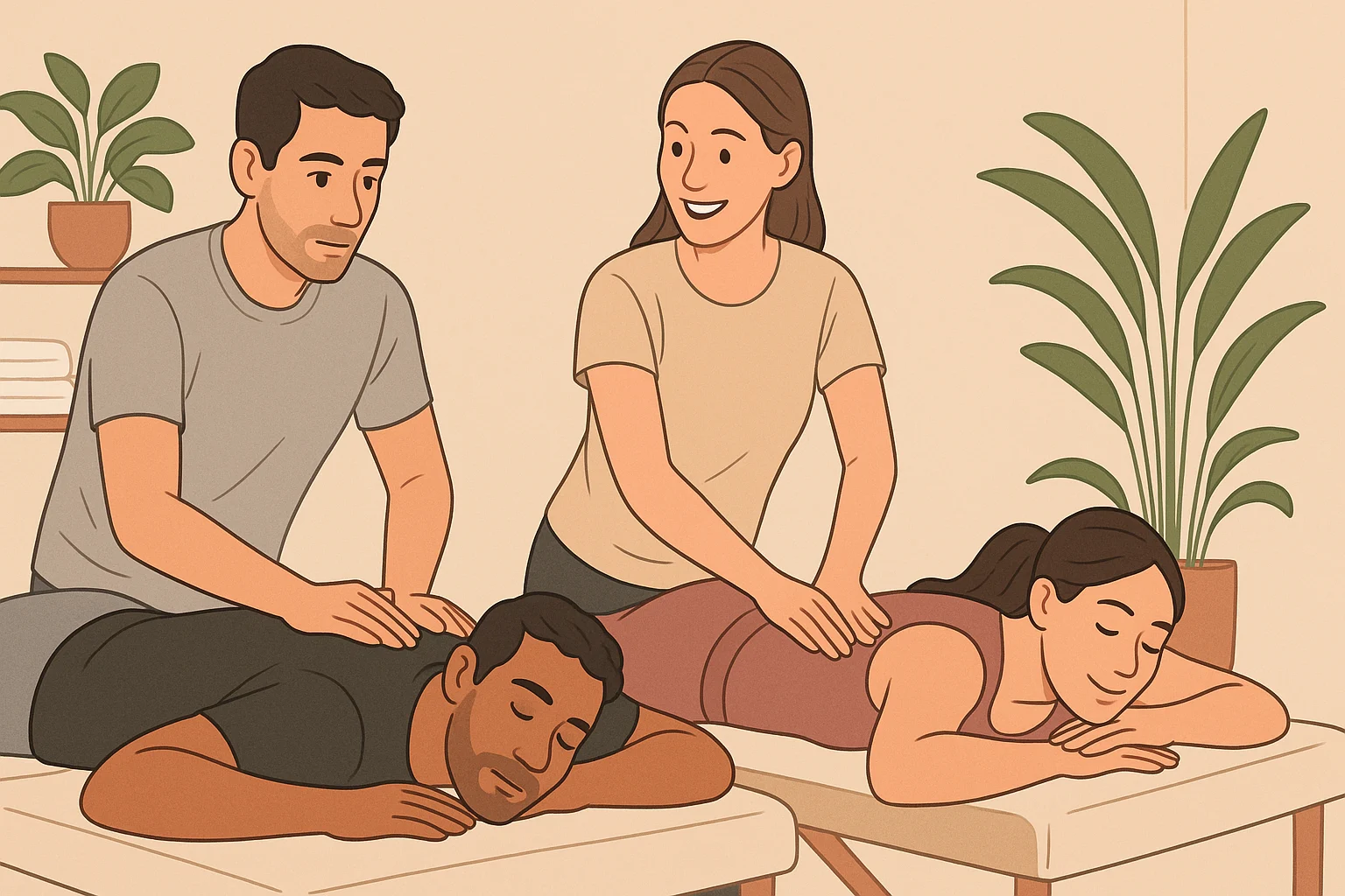 Partners practicing massage techniques in a class