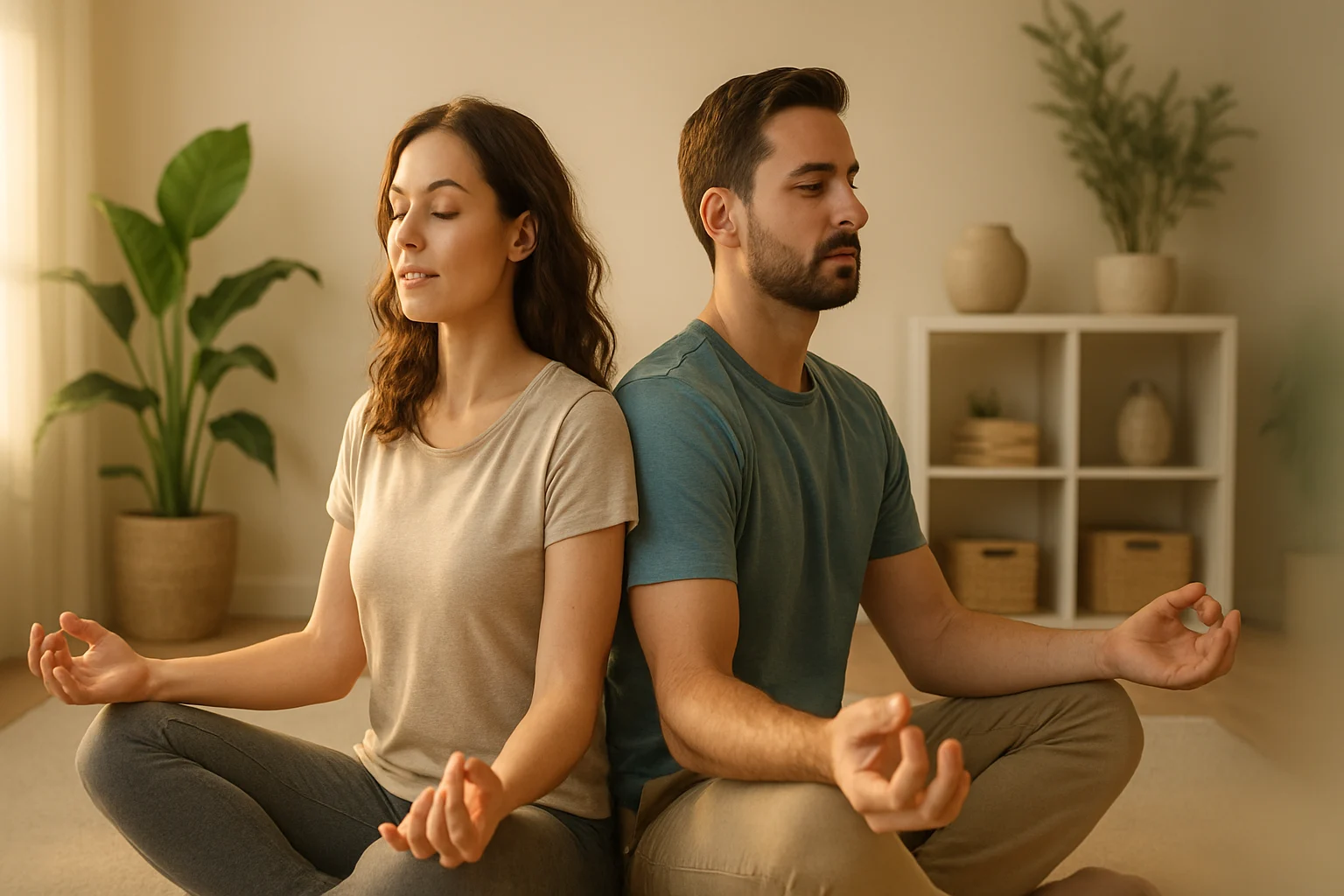 Couple meditating together for stress relief and connection