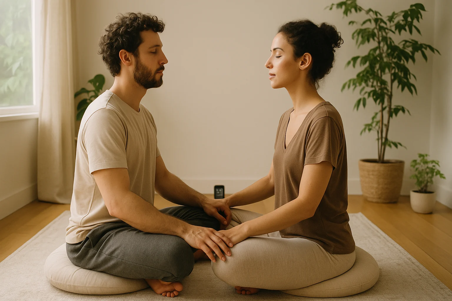 Couple practicing synchronized breathing meditation