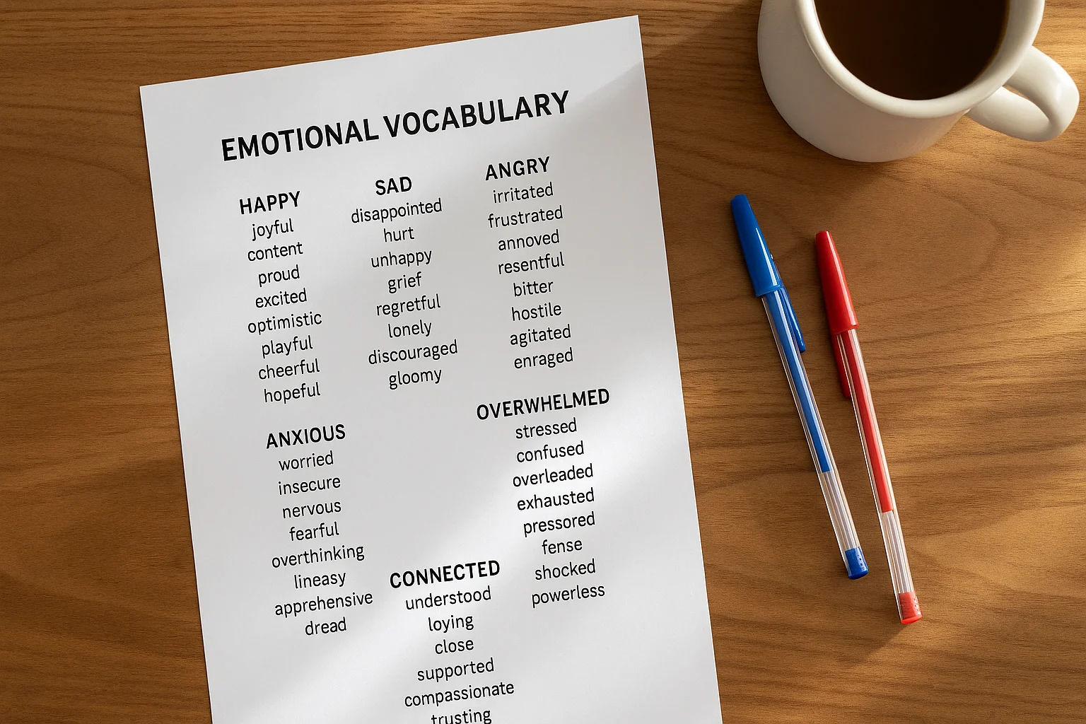 Feeling vocabulary sheet from couples therapy exercises