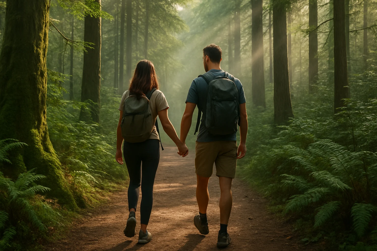 Couple hiking in a nature-based wellness retreat