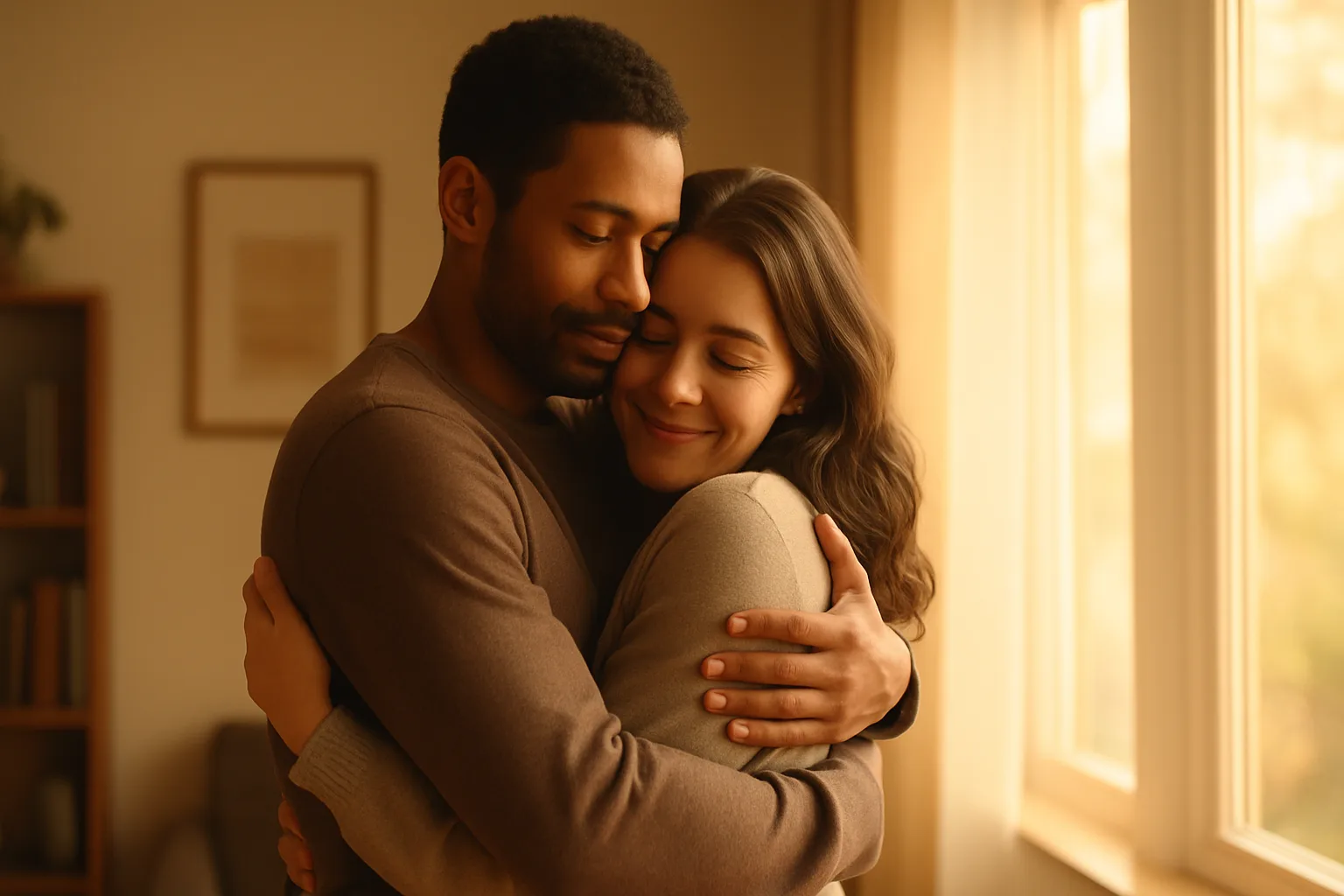 couple sharing a warm hug during a closeness-building exercise