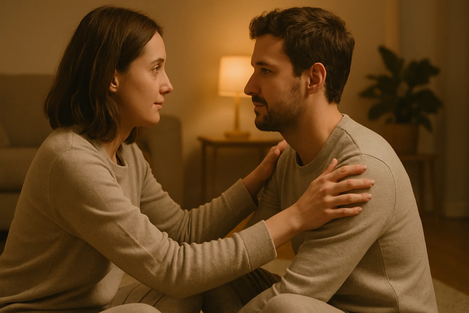 Couple practicing a guided intimacy exercise with gentle eye contact and touch in a cozy evening setting