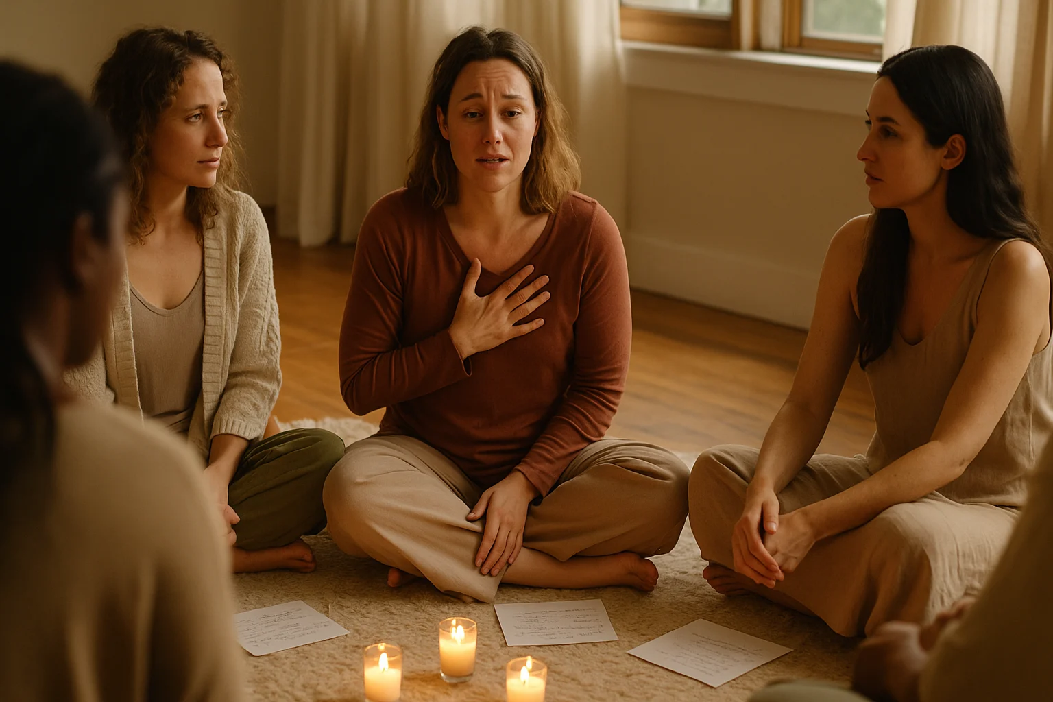 Group of women sharing in an emotional healing workshop