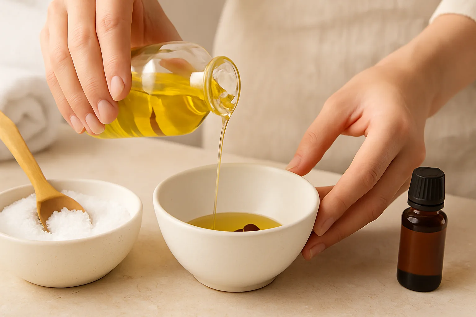 Preparing an essential oil bath with carrier oils and Epsom salts