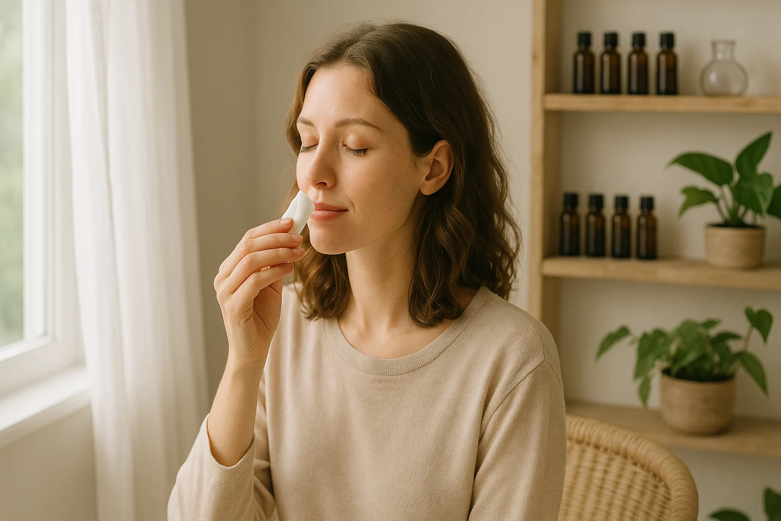 Woman enjoying aromatherapy with essential oils