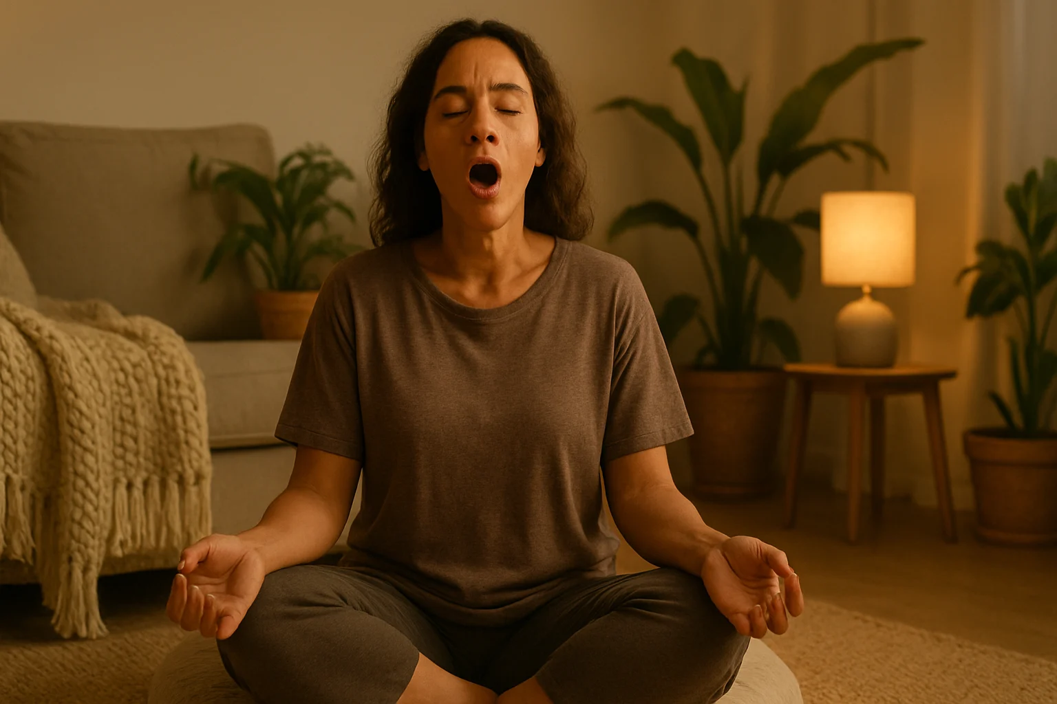 Woman practicing tantric breathing in a calm setting