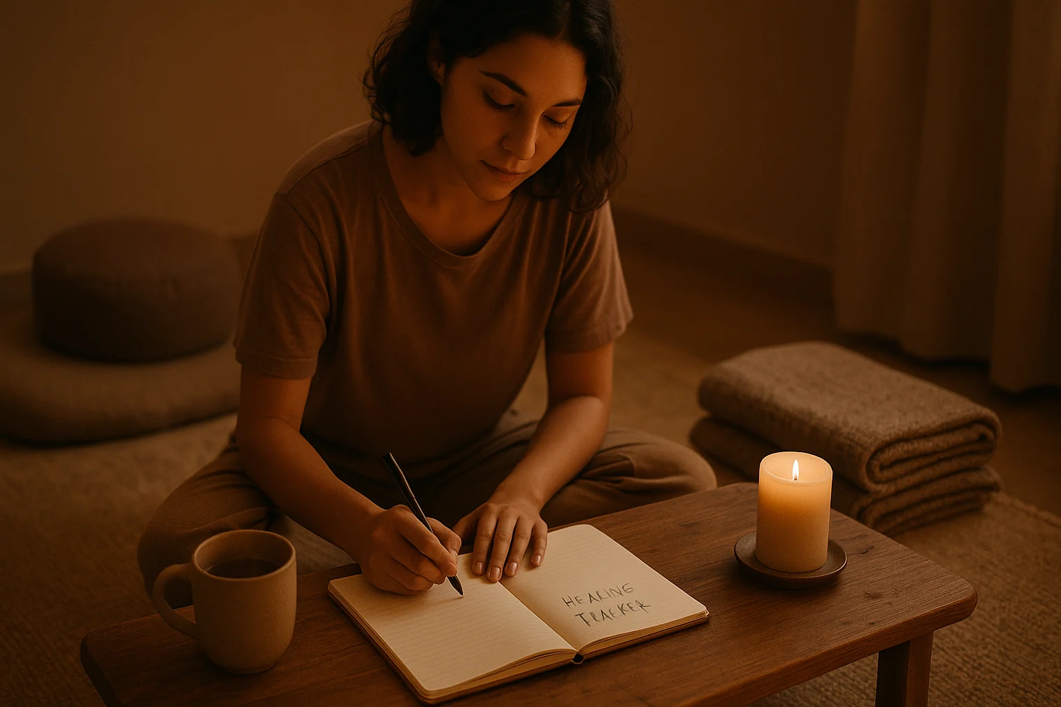 Woman tracking her trauma healing meditation journey