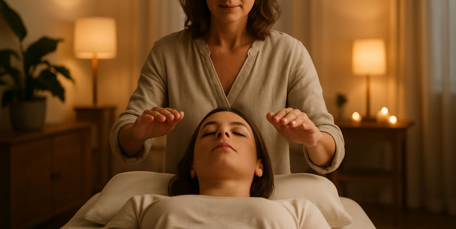 Practitioner performing Healing Touch on a client lying down
