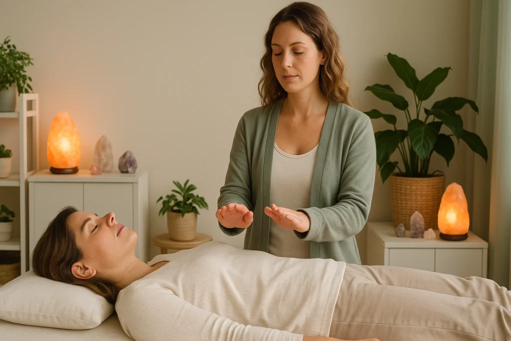 Healing touch therapy session promoting relaxation and energy balance