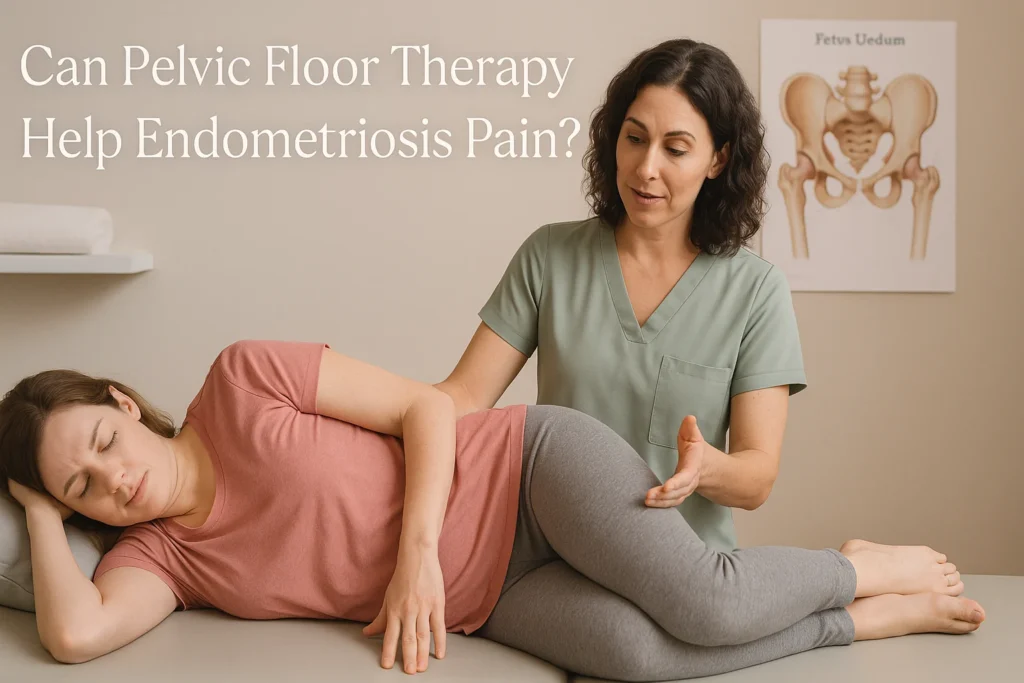 Pelvic floor therapist assisting a woman in a calming clinic for endometriosis pain management