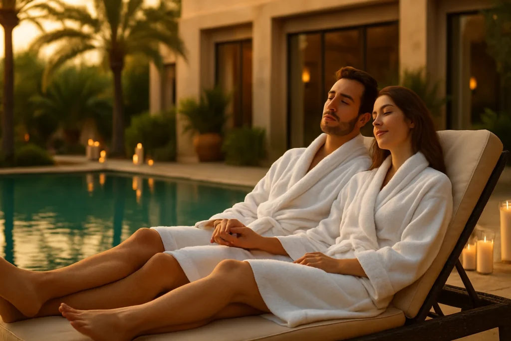 Couple relaxing at a luxury spa retreat with peaceful outdoor setting – couples wellness retreat near me