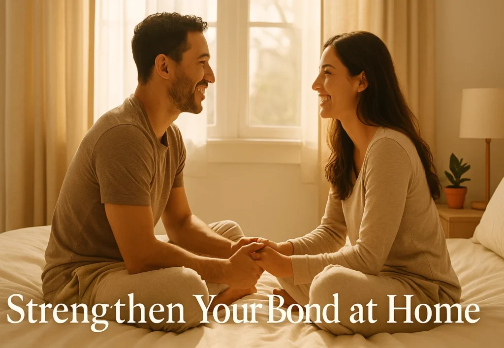Happy couple strengthening bond at home through therapy exercises