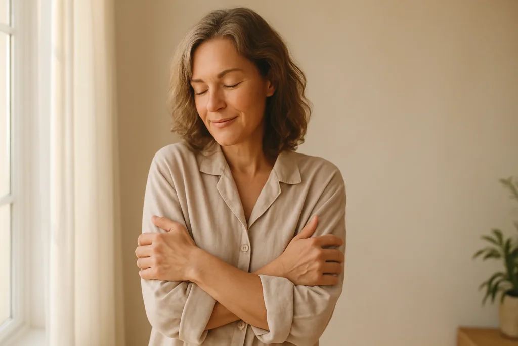 Woman embracing herself in peaceful reflection during recovery after mastectomy