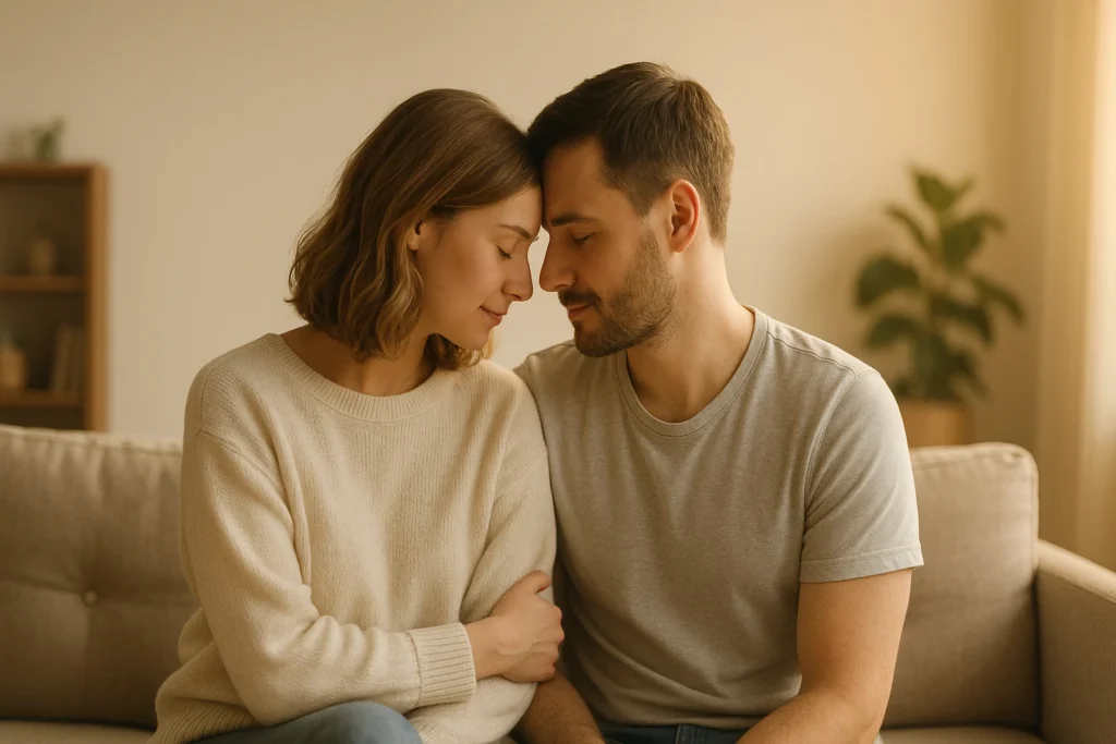Intimate couple embracing on sofa in warm morning light – intimacy exercises for couples