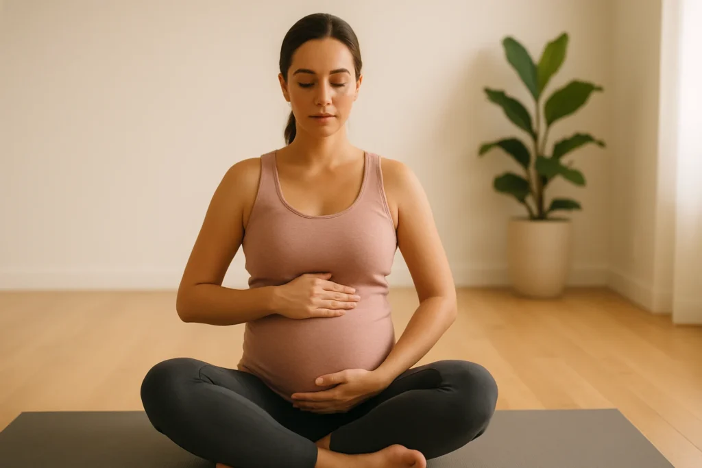 Pregnant woman practicing pelvic floor awareness in third trimester for childbirth preparation