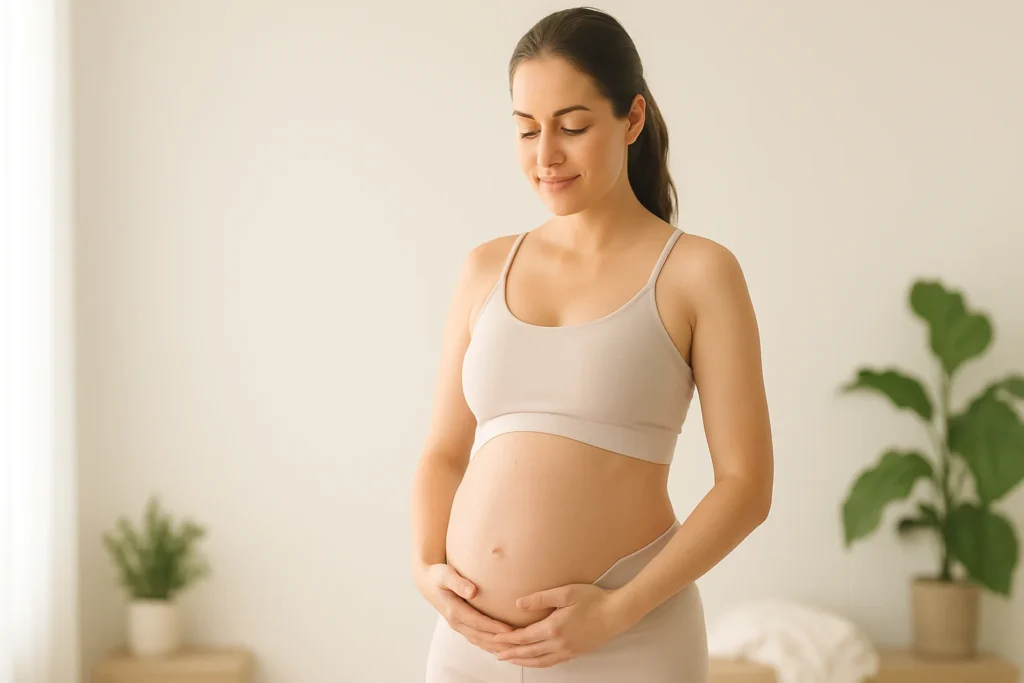 Pregnant woman doing pelvic floor exercises in a calm home setting to prepare for childbirth
