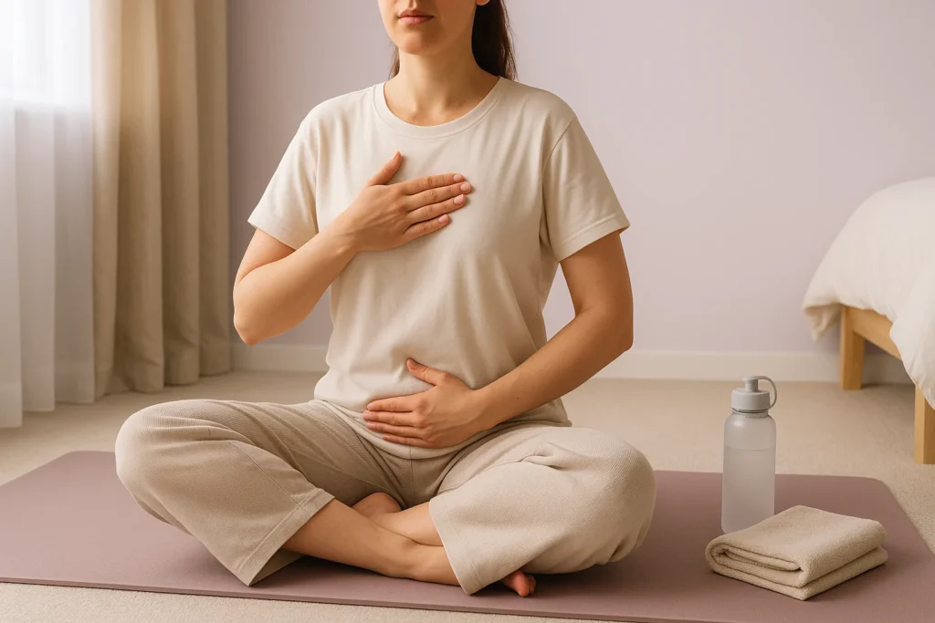 Woman practicing calming pelvic wellness techniques on yoga mat in peaceful home environment