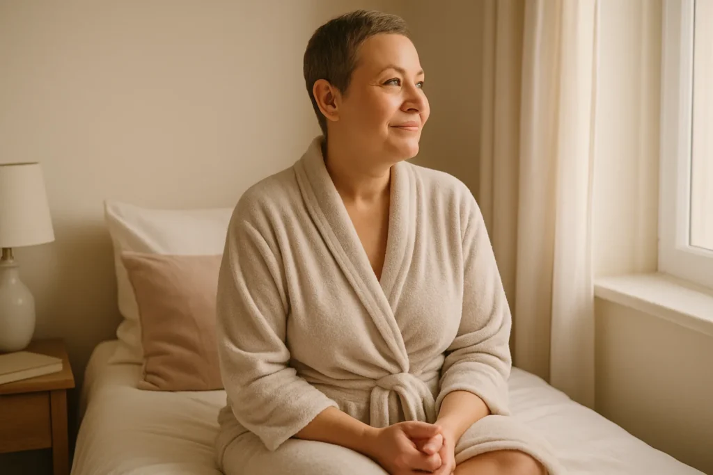Woman in peaceful recovery after hysterectomy, rediscovering intimacy and confidence