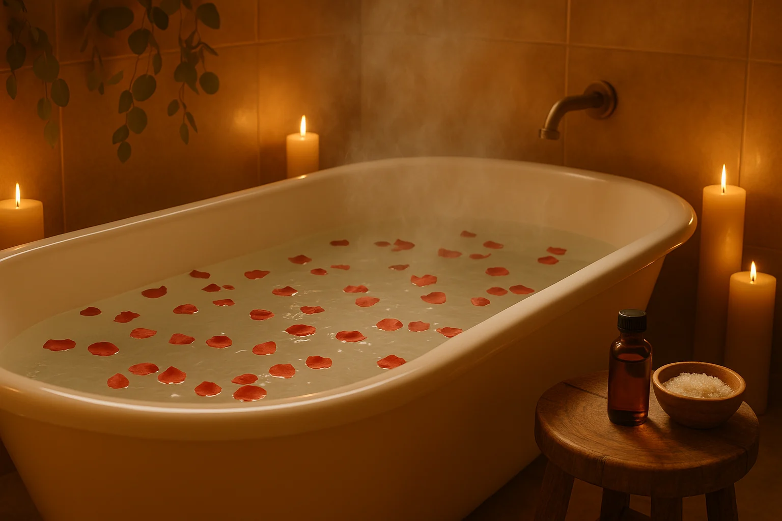 Bath with essential oils and folded towels