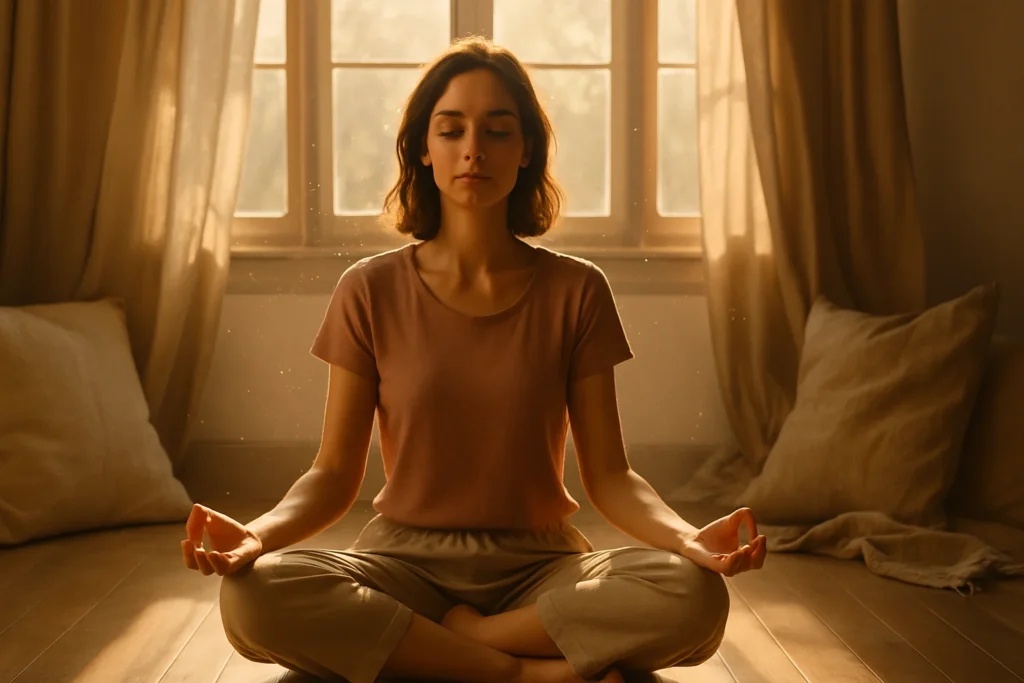 Woman finding emotional peace through breathwork, eyes closed, soft light