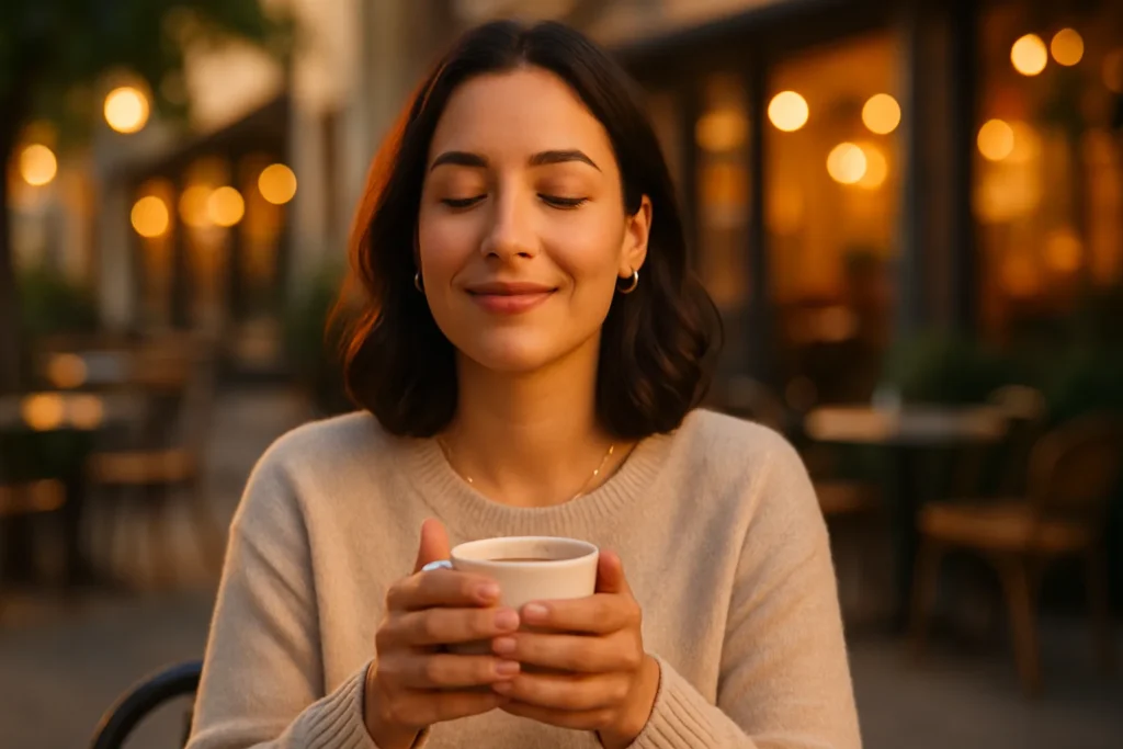Confident woman practicing conscious dating, sitting peacefully at a café during golden hour