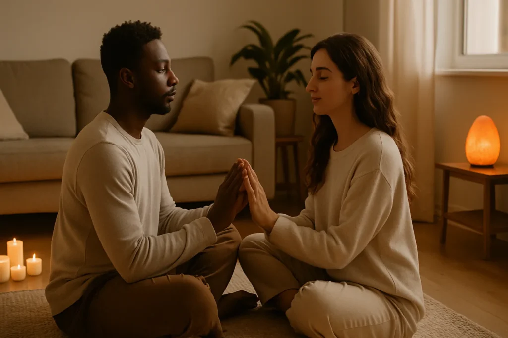Loving couple meditating together in a peaceful home space to deepen emotional connection and bond