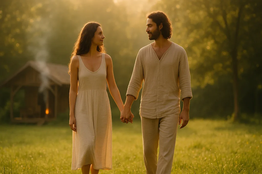 Couple talking together in a calm retreat setting