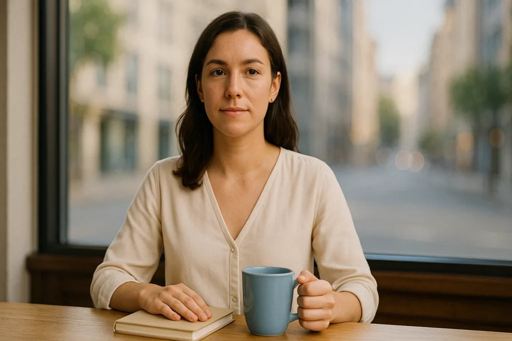 Confident woman journaling her relationship values at a sunlit café—how to date with intention (women’s guide)