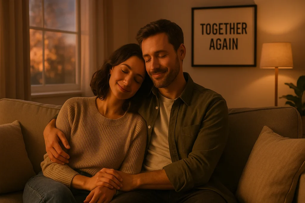 Romantic couple reconnecting in a cozy living room, rebuilding emotional intimacy after relationship distance