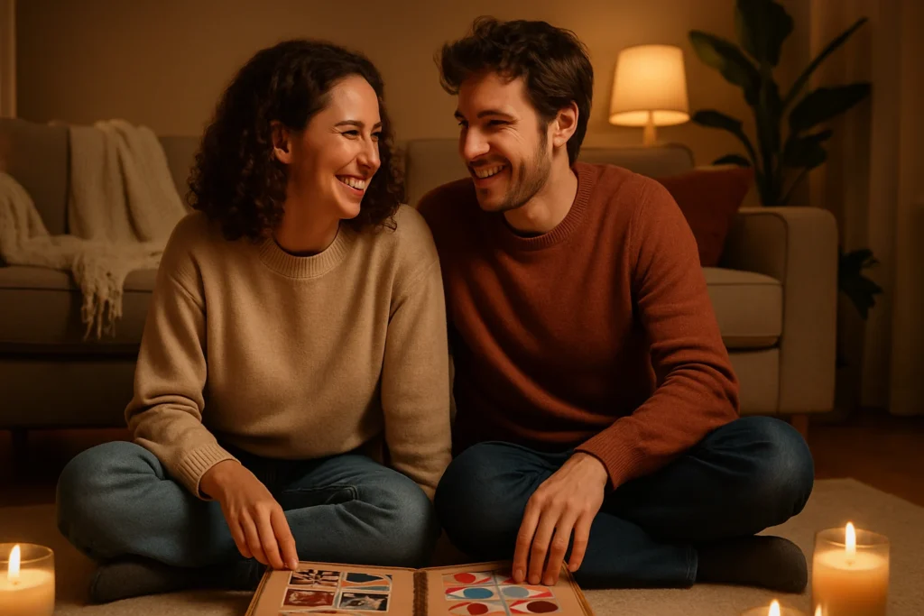 Happy couple spending quality time together through intimacy building activities in a cozy home setting