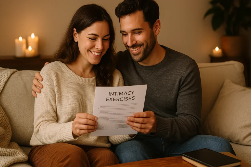 Couple reading intimacy exercises PDF together to reconnect emotionally