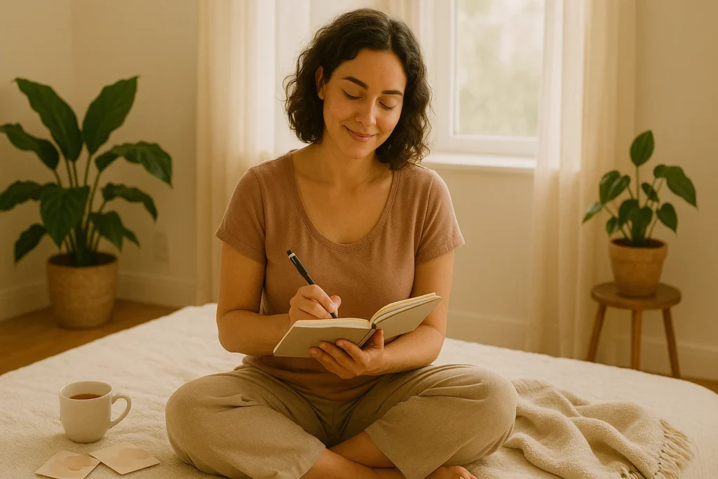 A peaceful woman in her 30s sits cross-legged on a bed in a sunlit room, journaling with a gentle smile. She is surrounded by cozy elements including a neutral blanket, a cup of tea, inspirational cards, and indoor plants, with soft natural light streaming through a nearby window.