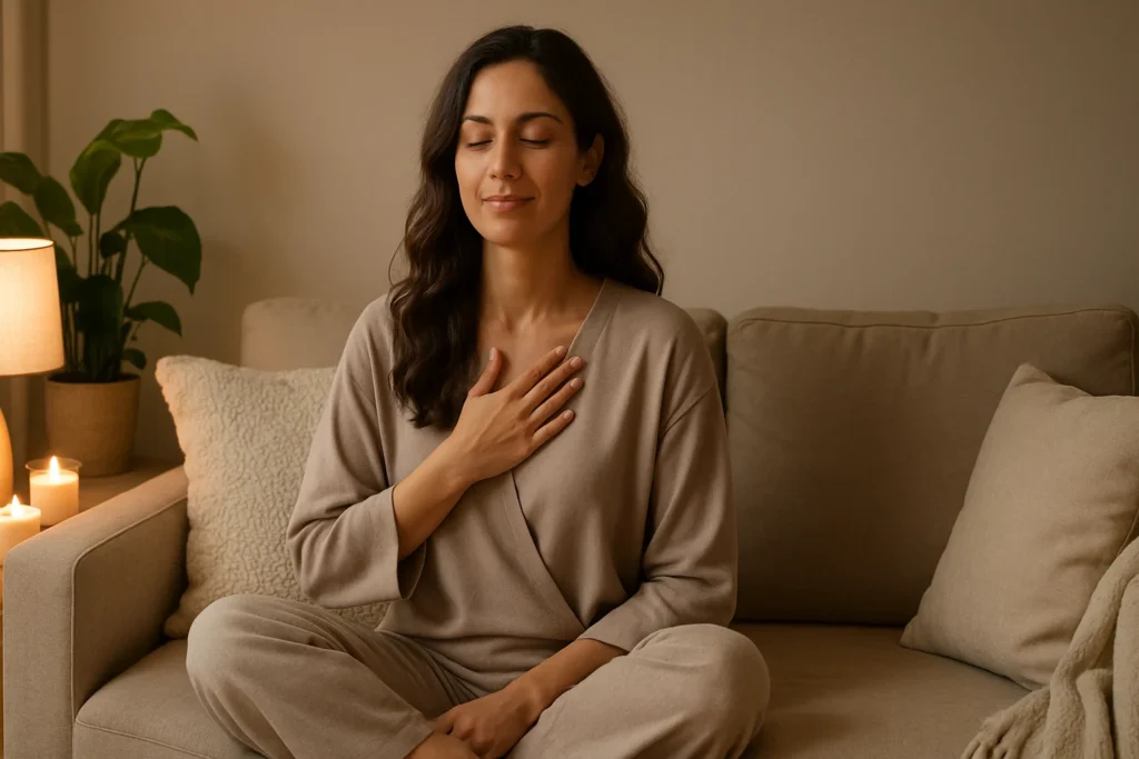 Empowered woman reconnecting with her body through sexual wellness coaching in a calm, healing space