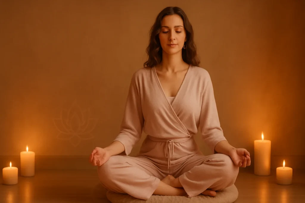 Woman meditating cross-legged among candles, practicing tantric sexual healing to cultivate calm, intimacy, and self-connection.