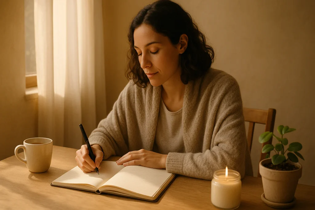 Woman in a cream cardigan writing in an open notebook at a wooden table by a curtained window, a mug, a candle and a small plant beside her
